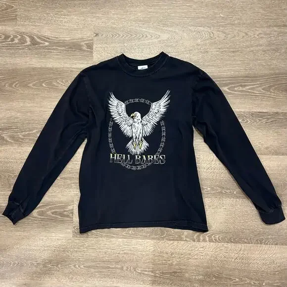 Hell Babes Graphic Long Sleeve Eagle Chain Print Top Black Medium89 - Picture 11 of 15